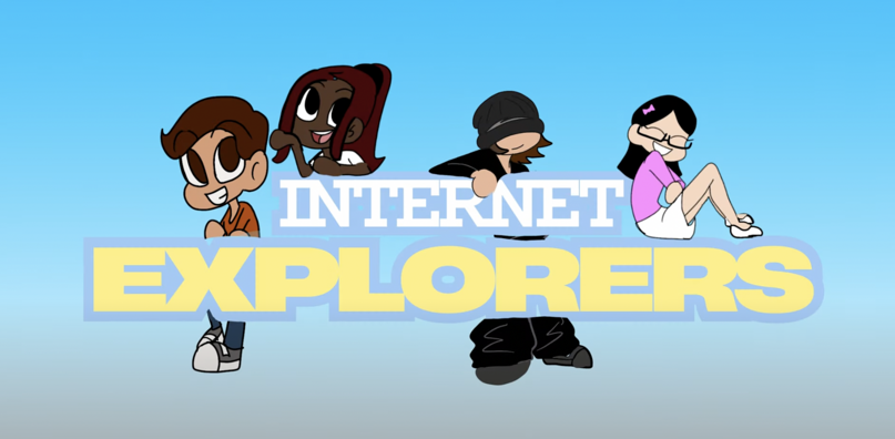 Still from animation of humans on a satellite.